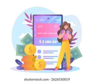 Woman using smartphone for online banking with large mobile device screen, money, and coins in background, on white backdrop. Concept of digital finance. Vector illustration