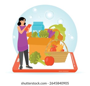 A woman using a smartphone for online grocery shopping, featuring fresh produce and milk. Highlighting modern convenience in food delivery services. Online grocery shopping concept.