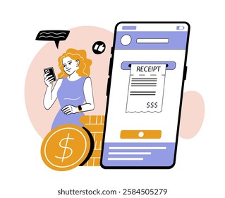 Woman using smartphone for online payment with digital receipt on mobile screen, coins beside, on white background. Concept of e-commerce