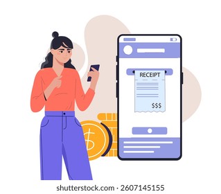 Woman using smartphone for online payment with receipt shown on large phone screen, flat style on white background. Concept of digital transaction. Vector illustration