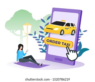 Woman using smartphone to order taxi. Car sharing service, online taxi, mobile city transportation concept