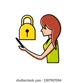 woman using smartphone with padlock