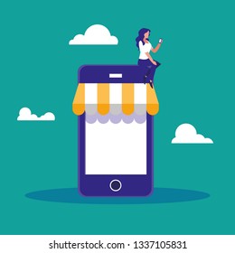 woman using smartphone with parasol