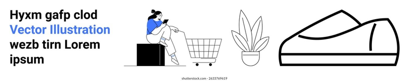 Woman using smartphone, seated near shopping cart, minimalist potted plant, outlined sneaker. Ideal for e-commerce, online shops, digital ads, fashion, lifestyle, marketing, landing page