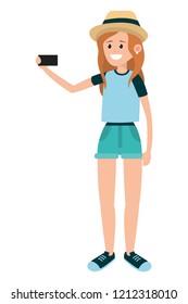 Woman using smartphone for selfie