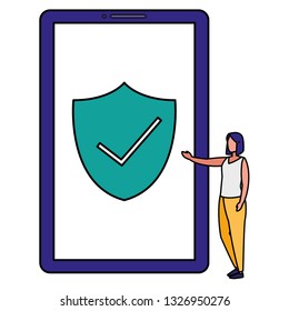 woman using smartphone with shield