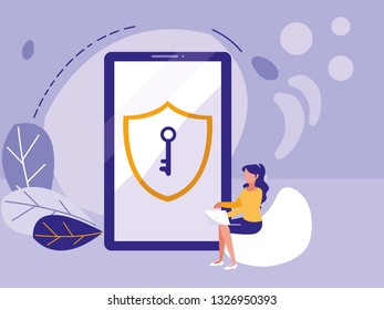 woman using smartphone with shield