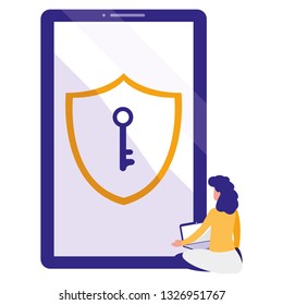 woman using smartphone with shield and key