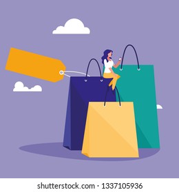 woman using smartphone with shopping bag