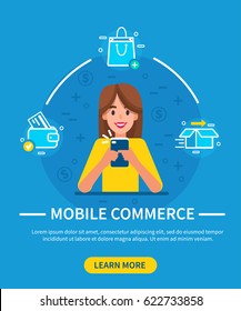 Woman using smartphone for shopping. Mobile commerce concept. Vector illustration.