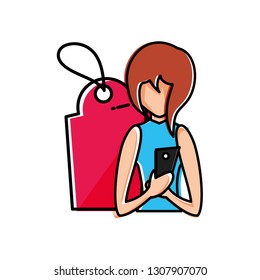 woman using smartphone with shopping tag