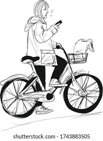 A woman using smartphone sitting on bicycle while ride on pedal transport.