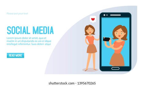 Woman using a smartphone with social media heart like icon banner. Girl taking photos for networking sites vector illustration. Web site design. Female character enjoying selfie.