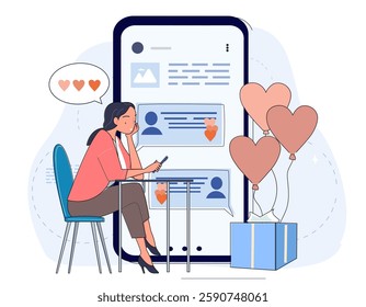 Woman using smartphone with social media, cartoon style, white background. Concept of online dating and social interaction. Vector illustration