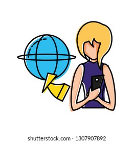 woman using smartphone with sphere browser