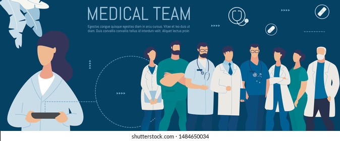 Woman Using Smartphone Or Tablet And Looking For Personal Medical Team Online. Cartoon Hospital Staff In Uniform With Examination Tools. Telemedicine And Healthcare. Vector Flat Illustration