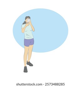 woman using smartphone to take photo at gym illustration vector hand drawn isolated on blue background