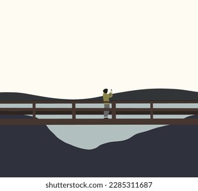 Woman using smartphone take picture while walking on wooden bridge over water. Vacation and technology.. Enjoying view