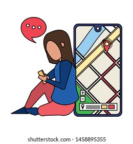woman using smartphone technology for delivery and logistic tracing by gps location cartoon vector illustration graphic design