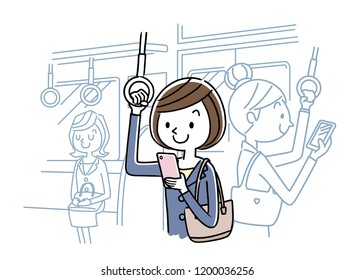 A woman using a smartphone in a train