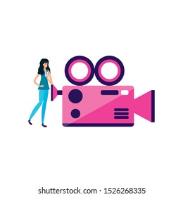 woman using smartphone with video camera app vector illustration design