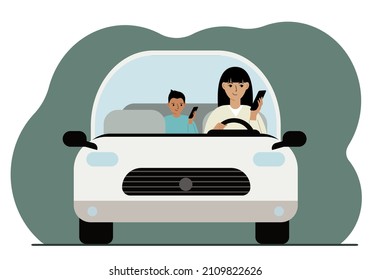 Woman using smartphone while driving a car. A woman carries his son in a car. driving hazard. Vector flat illustration