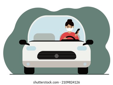 Woman using smartphone while driving a car. Driver in a medical mask. Driving hazard. Vector flat illustration