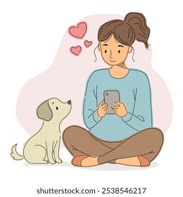 Woman using a smartphone while her dog sits nearby with hearts floating above, warm connection.