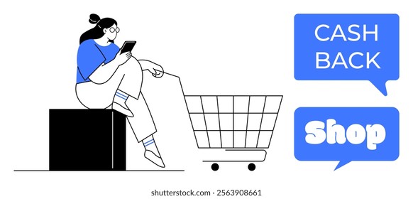 Woman using smartphone while sitting next to shopping cart. Blue speech bubbles with text Cash Back and Shop. Ideal for e-commerce, online shopping, digital marketing, cashback offers, and mobile