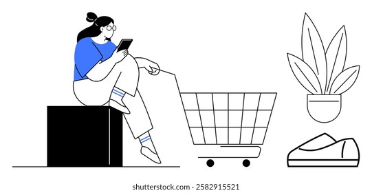 Woman using smartphone while sitting on a box, with a shopping cart, shoe, and plant beside her. Ideal for e-commerce, online shopping, digital marketing, consumer behavior, retail, tech-savvy