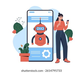 Woman using smartphone while standing next to large screen with chatbot robot, flat cartoon style, white background, concept of virtual assistant. Vector illustration