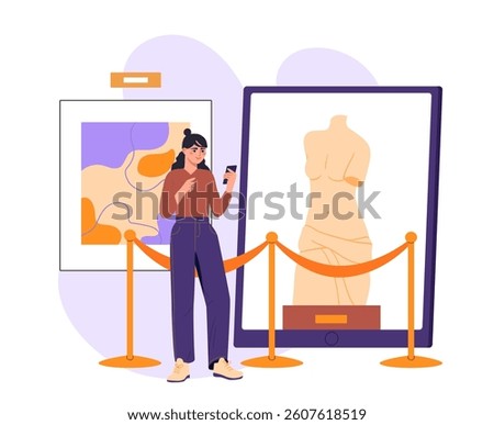 Woman using smartphone while visiting digital museum exhibit with classical sculpture and abstract painting, flat style, white background. Concept of art and technology. Vector illustration