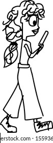 woman using smartphone while walking vector illustration. sketch doodle hand drawn with black lines isolated on white background.