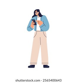 Woman using smartphone. Young female character, mobile phone user standing, holding gadget, digital device, surfing internet, looking at screen. Flat vector illustration isolated on white background