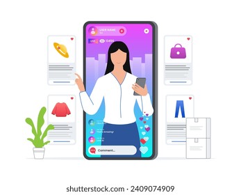 Woman using social commerce to sell product live. Marketing tools for audience attraction. Digital promotion technology. Flat vector illustration