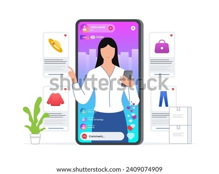 Woman using social commerce to sell product live. Marketing tools for audience attraction. Digital promotion technology. Flat vector illustration