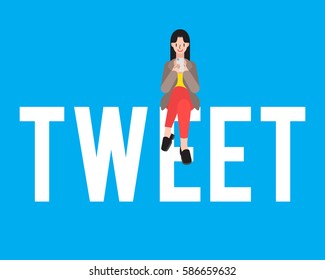 A woman is using social media application on a tweet message. A concept image representing how social media is integrated into daily life.