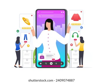 Woman using social media commerce to sell product online vector illustration. Flat tiny products promotion concept. New customer word of mouth engagement