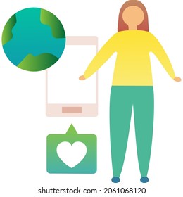 Woman using social network icon. Vector female character, like heart sign, earth planet and smartphone isolated on white background. Global internet community and digital communication