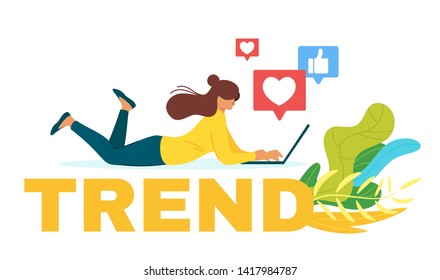 Woman using social networks flat vector web banner template. Vlogger researching Internet trends, checking feedbacks. Female analyst forecasting market future tendencies. Blogging, vlogging, SMM