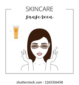 Woman using sunscreen, taking care about face. Summer daily care of skin. Lined vector illustration.
