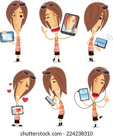 Woman using tablet cartoon action set.