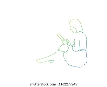 Woman using a tablet colored line drawing, vector illustration design. People collection.