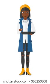 Woman using tablet computer.