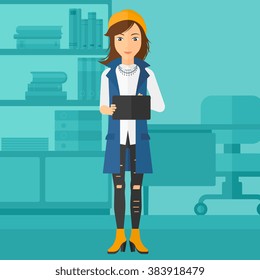 Woman using tablet computer.