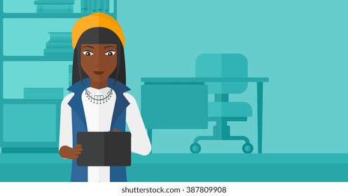 Woman using tablet computer.