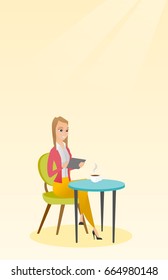 Woman using a tablet computer in the cafe. Happy woman surfing in the social network. Woman rewriting in the social network. Social network concept. Vector flat design illustration. Vertical layout.
