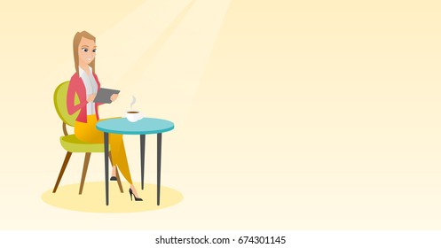 Woman using a tablet computer in the cafe. Happy woman surfing in the social network. Woman rewriting in the social network. Social network concept. Vector flat design illustration. Horizontal layout.