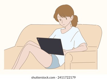 Woman using tablet computer, reading e-book, watching movie, media content, chatting online, talking on video call, sitting, relaxing on sofa. Hand drawn flat cartoon character vector illustration.