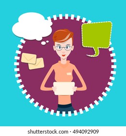Woman Using Tablet Computer Send Message Internet Texting Chat Communication Flat Vector Illustration